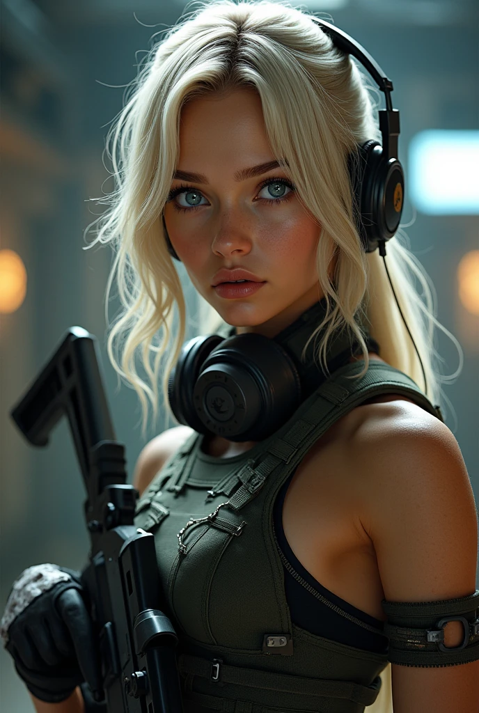 (Photorealism:1.2) (Character description: * Physical: * Hair: long blonde with bangs, cut in layers to highlight the face and give it a dynamic look. * Eyes: Large and expressive, of an intense blue color that contrasts with the blonde hair. Long and defined eyelashes. * Skin: Clear and luminous, with a slight blush on the cheeks. * Features: Delicate and defined, with a small nose and full lips. * Body: Athletic and slender, with a proportionate figure and toned muscles.) +(* Outfit: * Style: Tactical and functional, but with aesthetic details that enhance its femininity. * Garments: * Top: Fitted combat shirt or sleeveless t-shirt, with military patches and insignia. Bottom: Tactical pants or short skirt above the knee, both with multiple pockets and gussets. Footwear: High-resistance military boots, designed for action. Accessories: Belt: With multiple pouches and slides to carry tactical equipment. Gloves: Tactical, which protect the hands and allow a better grip. Sunglasses: Military style, with dark lenses to protect the eyes. Headphones: With integrated microphone, to communicate with the team. Weapon: A signature in-game weapon, such as a pistol or assault rifle, that complements your appearance) + (Expression, Look: Strong and determined, with a spark of intelligence and bravery. Posture: Confident and self-assured, ready to face any challenge Facial expressions: Wide and varied, capable of conveying a wide range of emotions) +(Key elements of the Call of Duty: Modern Warfare style: Realistic details: Detailed textures in hair, skin and clothing. Lighting. dramatic: Using shadows and contrasts to highlight features and create an intense atmosphere. Realistic facial expressions: Capturing the character's emotion and determination through their eyes and mouth. Dynamic poses: Poses that convey movement and action, as if they were. . in the middle of combat.) + (Keywords: Woman, soldier, Call of Duty, realistic, cinematic, blonde hair, blue eyes, beauty, tacti