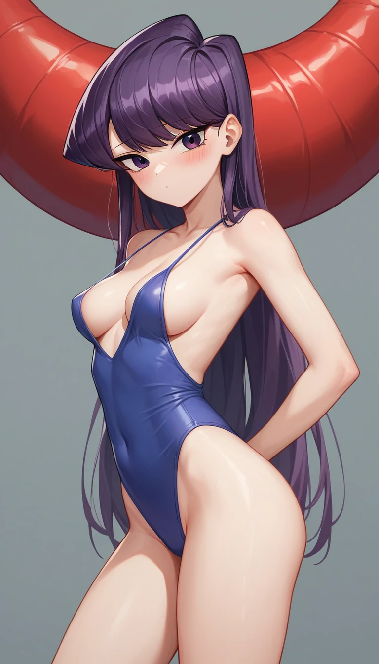 score_9,score_8_up,score_7_up,score_6_up,score_5_up,score_4_up,cute 18 year old girl,Komi Shouko,tall,perfect cute face,medium breasts,teardrop_breasts,small tight ass,purple hair,long hair,pale skin,purple eyes,