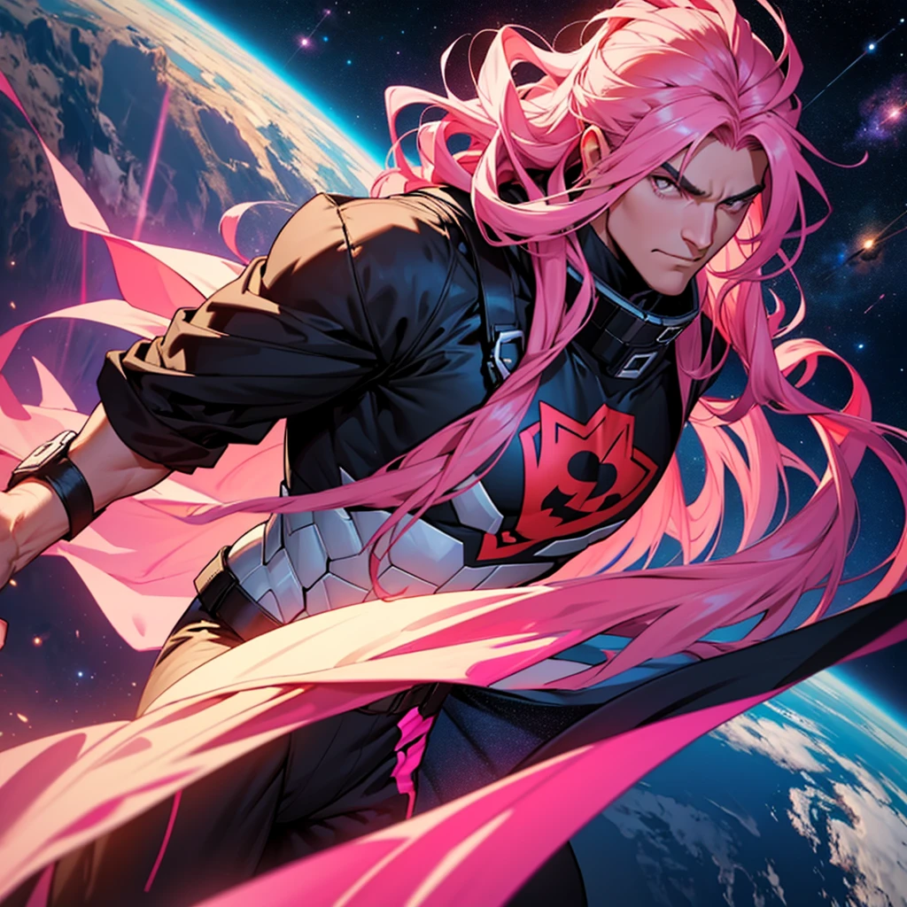 A man who is a large warrior with long pink hair and black eyes dressed in a superhero costume with a B on his chest and a large cape with a B facing the earth floating in space 