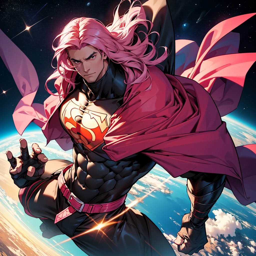 A man who is a large warrior with long pink hair and black eyes dressed in a superhero costume with a B on his chest and a large cape with a B facing the earth floating in space 
