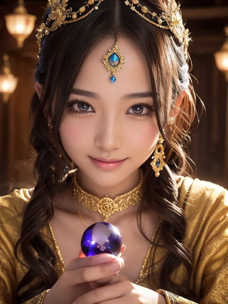 a detailed portrait of Minea the fortune teller from Dragon Quest IV, 1 japanese woman, beautiful detailed eyes, beautiful detailed lips, extremely detailed face and features, long eyelashes, smile,intricate cosplay, alchemist costume, holding a magical crystal ball,fantasy, JRPG, digital painting, cinematic lighting, dramatic pose, warm color palette, masterpiece, 8K, photorealistic, highly detailed, concept art style