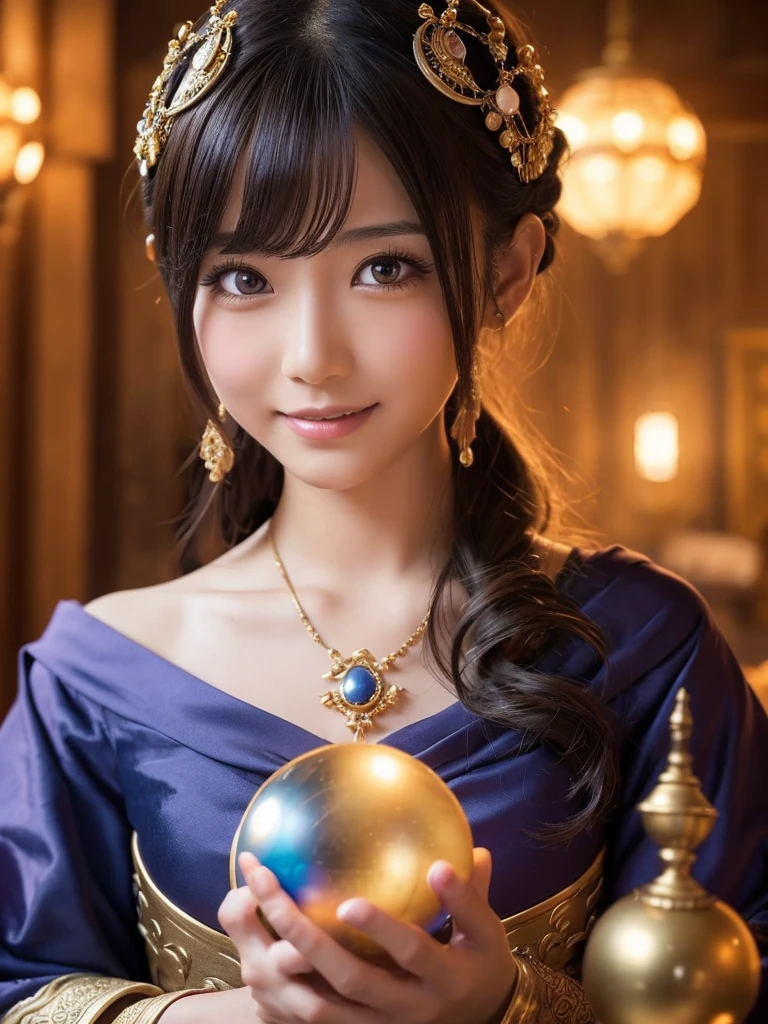 a detailed portrait of Minea the fortune teller from Dragon Quest IV, 1 japanese woman, beautiful detailed eyes, beautiful detailed lips, extremely detailed face and features, long eyelashes, smile,intricate cosplay, alchemist costume, holding a magical crystal ball,fantasy, JRPG, digital painting, cinematic lighting, dramatic pose, warm color palette, masterpiece, 8K, photorealistic, highly detailed, concept art style