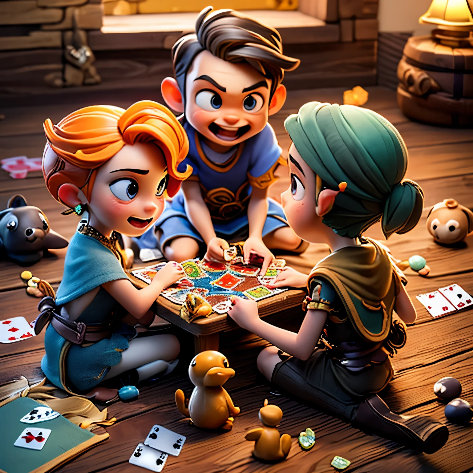 Children are sitting on the floor playing card games, cards with fantasy world designs, small figurines, juice, candy,