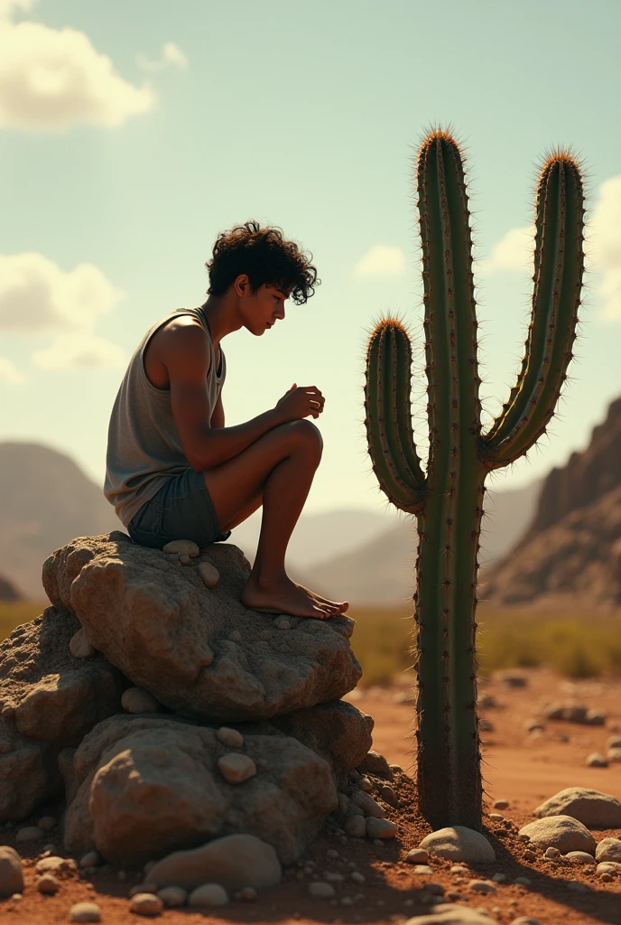 A teenager talking to a mandacaru on a higher rock in the middle of the caatinga .