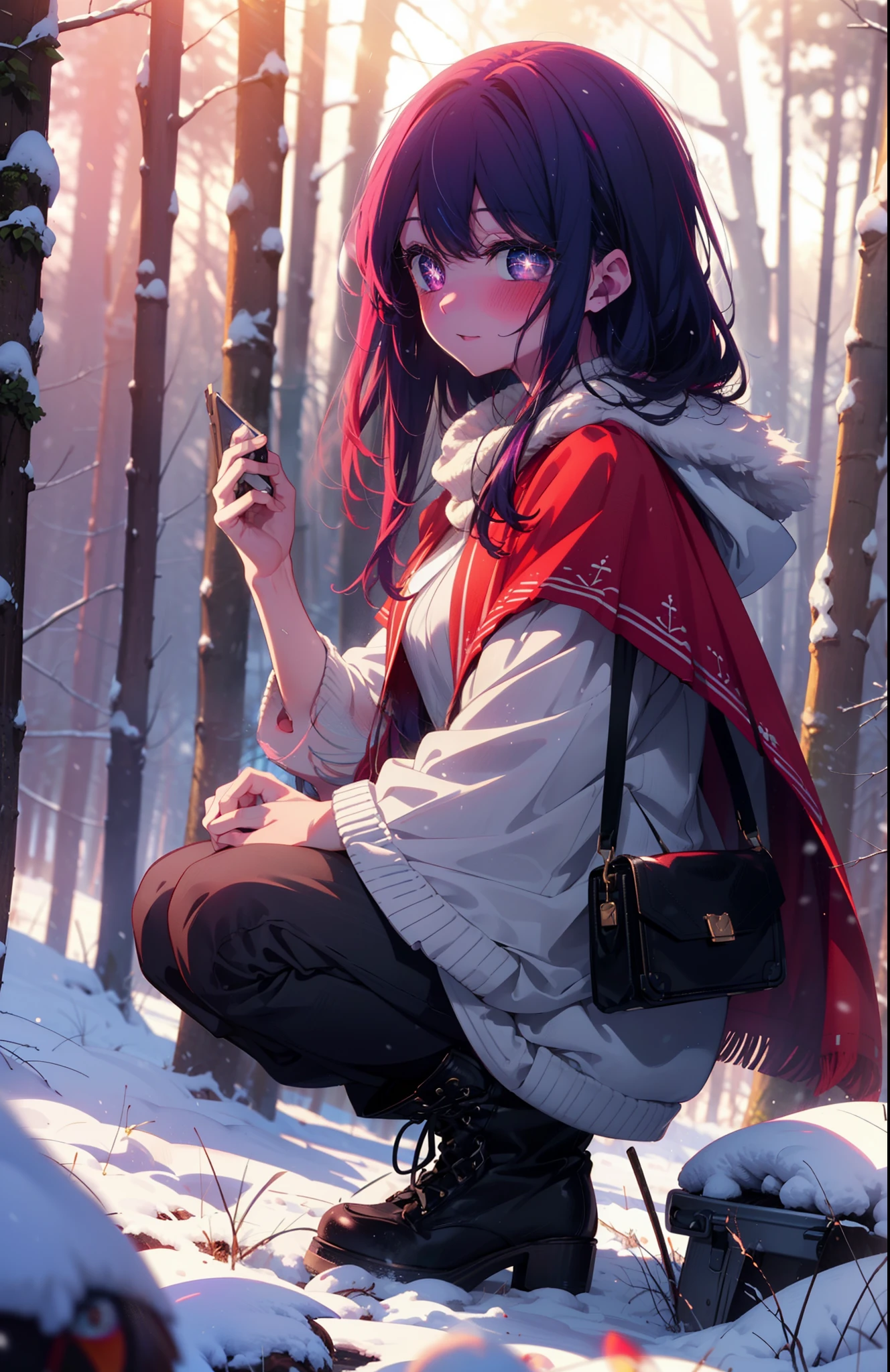 aihoshino, Ai Hoshino, Long Hair, bangs, (Purple eyes:1.1), Purple Hair, (Symbol-shaped pupil:1.5), smile,,smile,blush,white breath,
Open your mouth,snow,Ground bonfire, Outdoor, boots, snowing, From the side, wood, suitcase, Cape, Blurred, , forest, White handbag, nature,  Squat, Mouth closed, Cape, winter, Written boundary depth, Black shoes, red Cape break looking at viewer, Upper Body, whole body, break Outdoor, forest, nature, break (masterpiece:1.2), Highest quality, High resolution, unity 8k wallpaper, (shape:0.8), (Beautiful and beautiful eyes:1.6), Highly detailed face, Perfect lighting, Highly detailed CG, (Perfect hands, Perfect Anatomy),