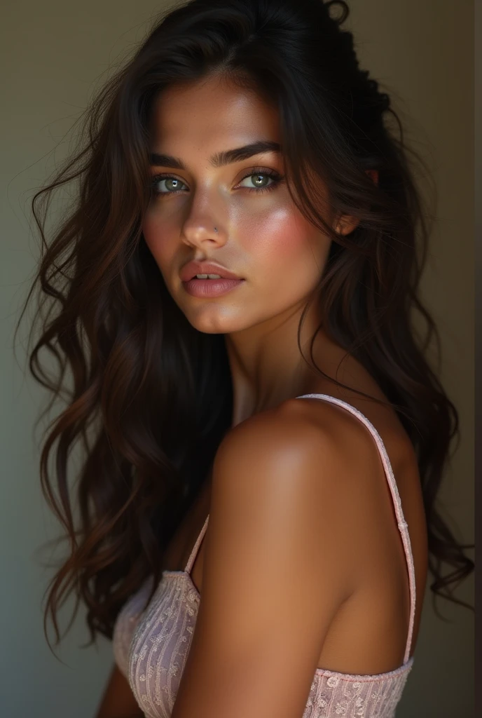 Portrait of a very realistic 22 year old girl with an Arab or Turkish look with a sexually desirous look and the whole body visible and a resemblance to 50% with abella danger