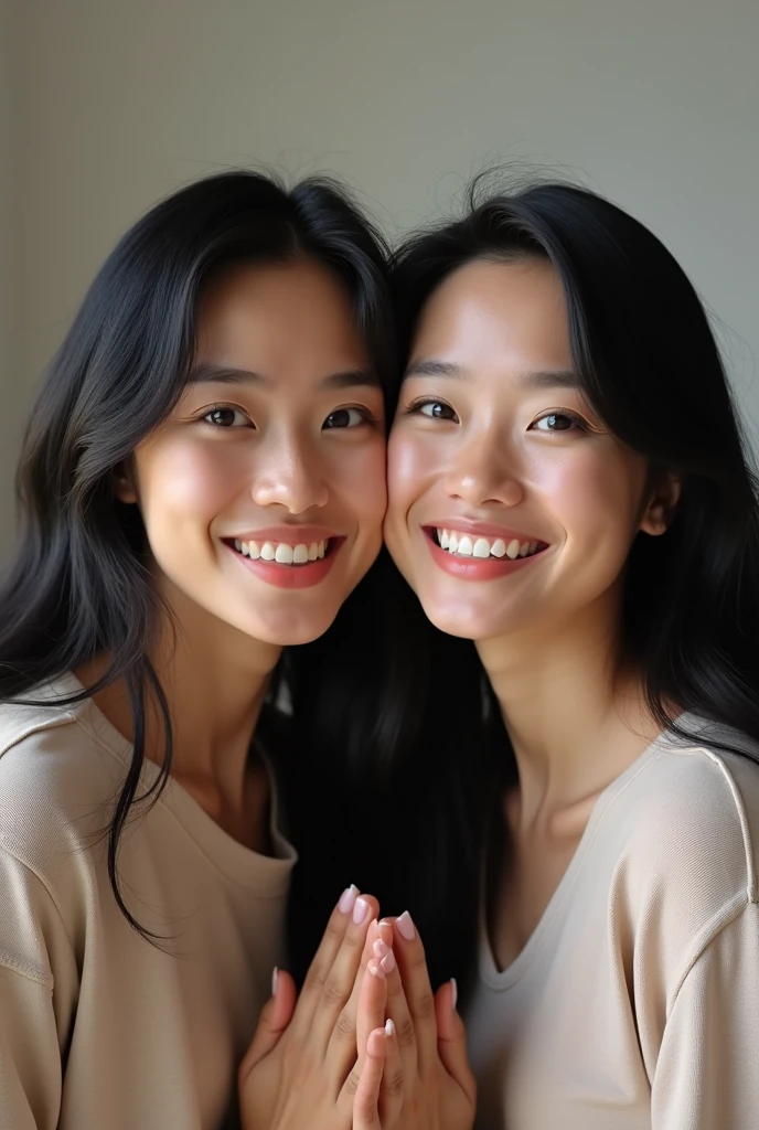 Twin middle age man with short black hair and twin middle age woman with long black hair that look alike taking pictures putting their faces side by side and they look alike