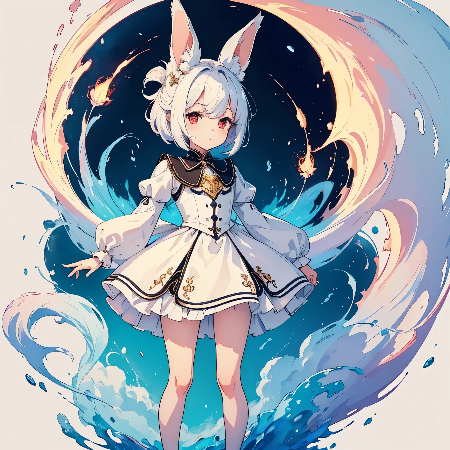 ラインスタンプウサギ
a anime style cute small white rabbit standing on two feet, two heads high, red eyes, tall ears, bob hairstyle, large face, short stature, wearing a light blue dress, (best quality,4k,8k,highres,masterpiece:1.2), intricate details,highly detailed,exquisite,stunningly beautiful,vibrant colors,soft lighting,fantasy,magical realism,white background
