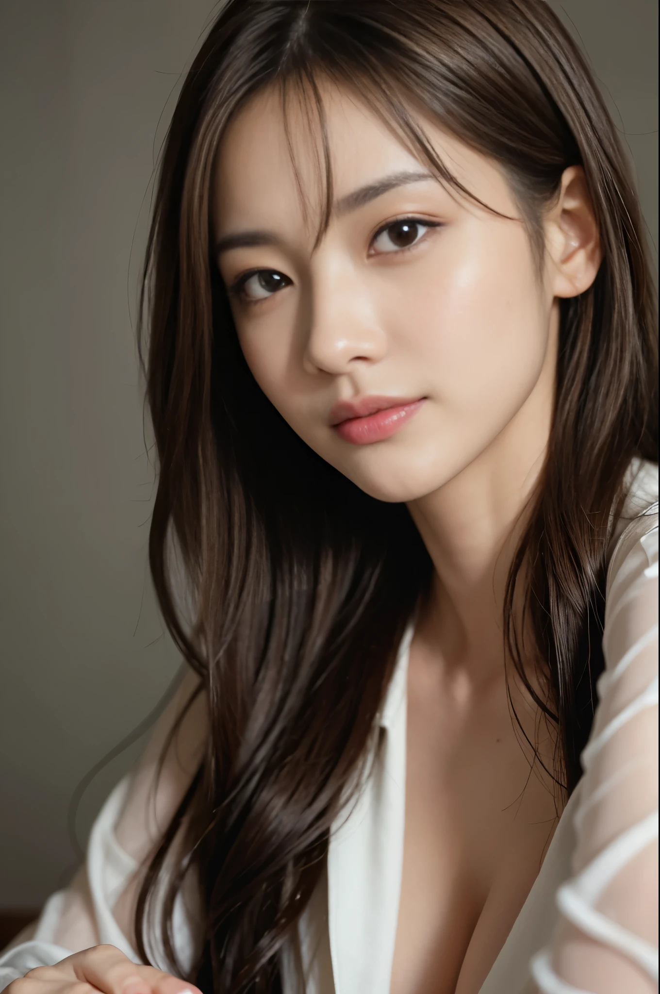 On the table, Highest quality, Realistically, Super detailed, Every detail, High resolution, 4K wallpaper, One beautiful woman,, Light brown messy hair, Wearing a suit, Get into sharp focus, Perfect dynamic composition, Beautiful and delicate eyes, Delicate hair, 细致Realistically的皮肤纹理, smile, Close-up portrait, Model body type
