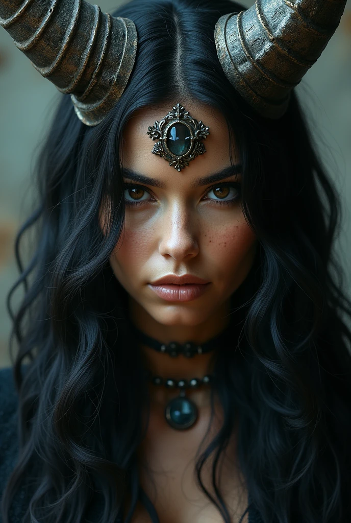 Demon woman with beautiful face, American features looking straight into the camera and on her head she has the demonic ring