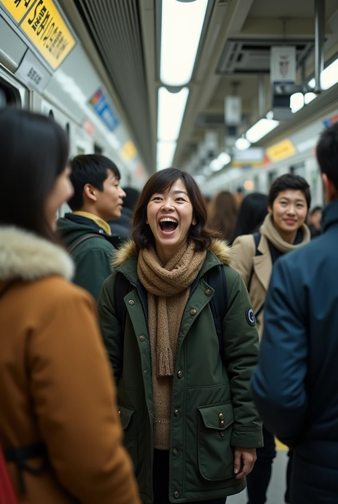 A large group of foreigners burst into laughter at a Japanese person getting on a train at a station