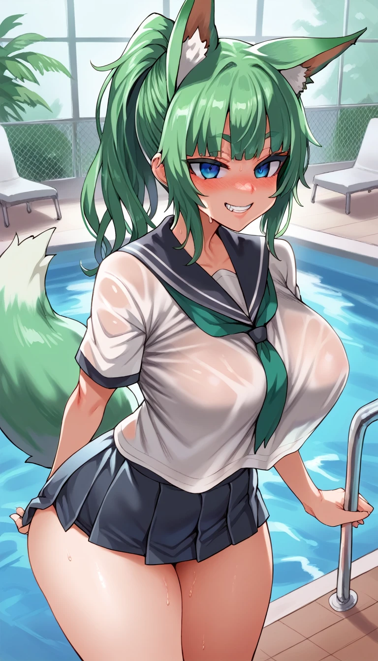 score_9, score_8_up, score_7_up, source_anime, 1girl, solo, pool, school pool, blue eyes, green hair, fox girl, fox ears, school uniform, wet shirt, bare feet, standing, cowboy shot, facing forward, grin, blush,  big breasts, wide hips, thick thighs, blunt bangs, ponytail, messy hair,green ears, green fox ears,  