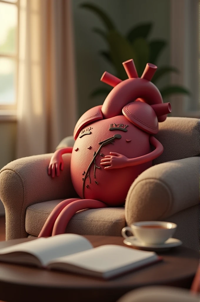 A heart sitting on a couch undergoing therapy 