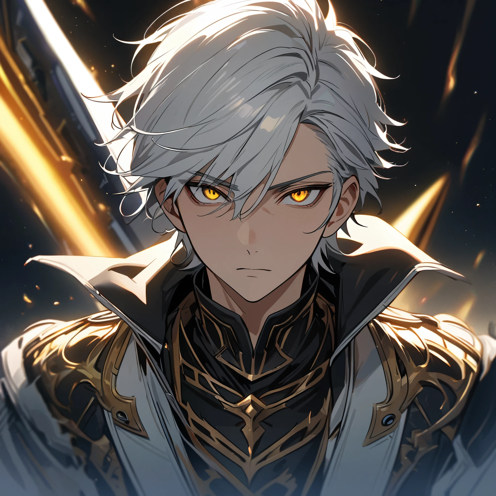 High quality, HD, 4k, no shadows, handsome male, 1male, 17 years old, teenager, short white hair, silver hair, white hair, sharp eyes, dark golden colored eyes, deep golden eyes, dark gold eyes, gold eyes, devil may cry, close up, calm expression, stoic expression, black leather clothes, white leather clothing, lean body, well trained body, upper body, looking at viewer, cowboy shot, white solar, space background