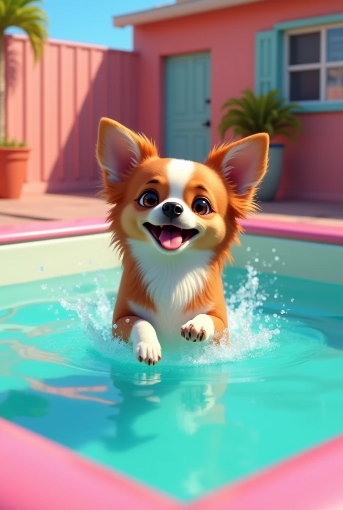 A long-haired Chihuahua swimming in a slightly large square pink and white vinyl pool　The coat is brown with a white center and a white line in the center of the face.　He happily jumps into the water and drinks the water.　Animated