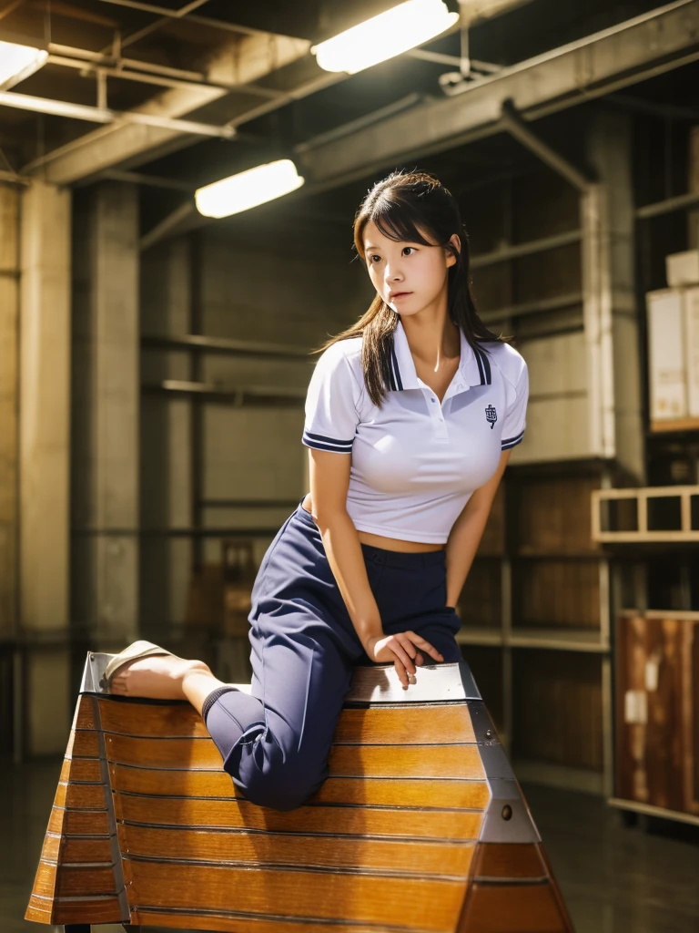 ((highest quality, masterpiece :1.3)), Photorealistic、Ultra-high resolution、Natural skin texture、Hyperrealism、Photograph from the waist up、17 year old Japanese beautiful girl、Shapely breasts、Tennis uniform、(Riding a wooden horse:1.4)、Inside a small and old warehouse、Angry expression、Staring straight ahead