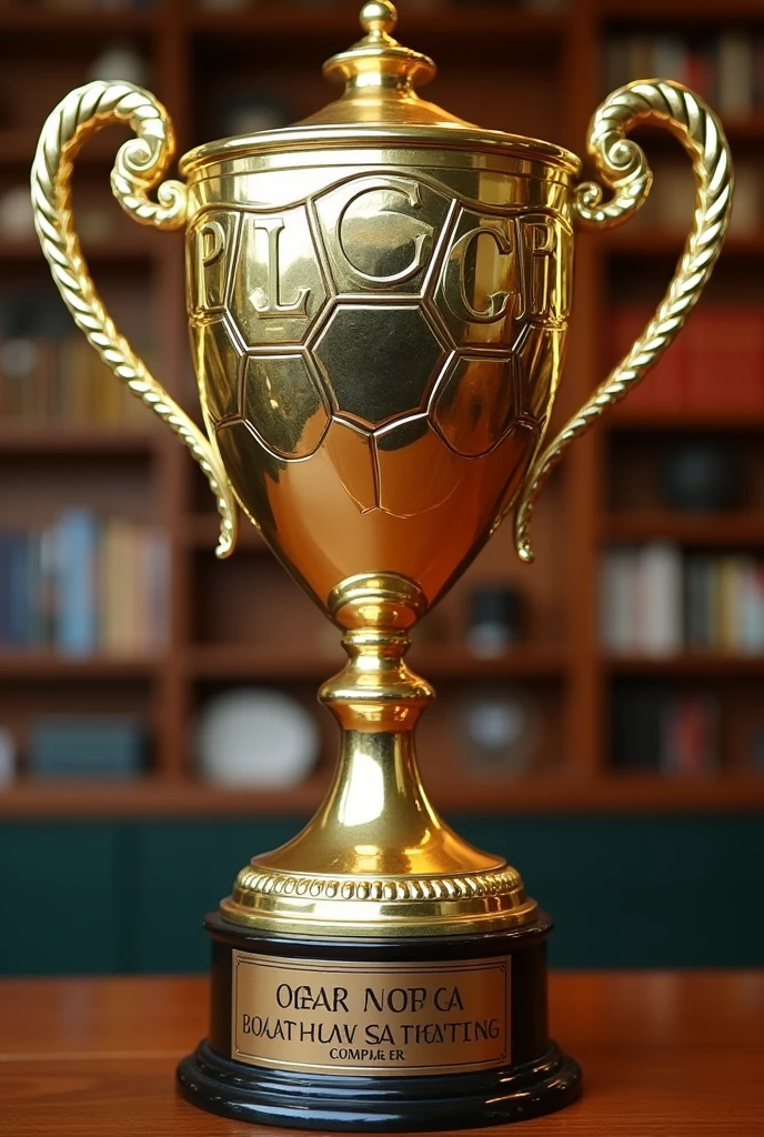 A football trophy PLSCR engraved on it