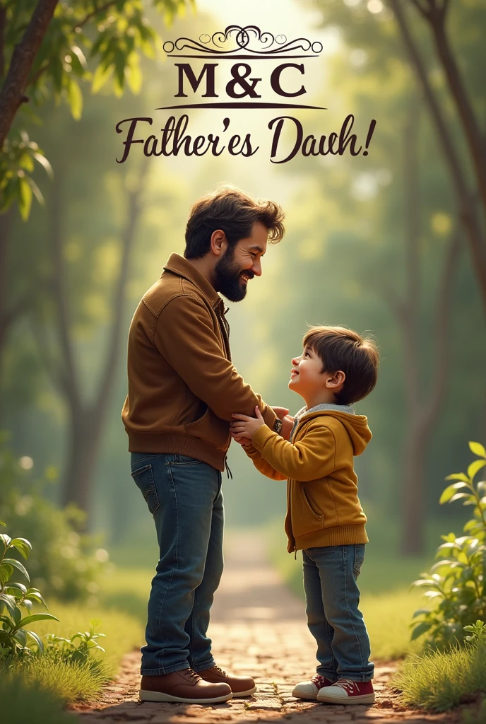 Create a realistic Father's Day image with a father and son, a father's day message in Portuguese and highlight the logo "M & C Clothing" Nela.
