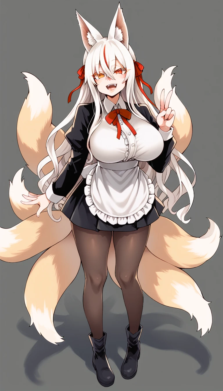 (score_9, score_8_up:1.1),score_7_up,zPDXL, 1girl, solo, tail, animal ears, long hair, maid dress, maid apron, pantyhose, fox tail, standing, fox ears, multiple tails, ribbon, (((white hair))), shirt, opened mouth, long sleeves, boots, full body, black footwear, fox shadow puppet, half closed eyes looking at viewer, animal ear fluff, white shirt, simple background, very long hair, brown pantyhose, smile, big breasts, hair between eyes, orange eyes, jacket, frills, yellow eyes, neck ribbon, red ribbon, shadow, multicolowhite hair, wing collar, hair ribbon, black pantyhose, slit pupils, double tooth, two-tone hair, ,detail1eye,