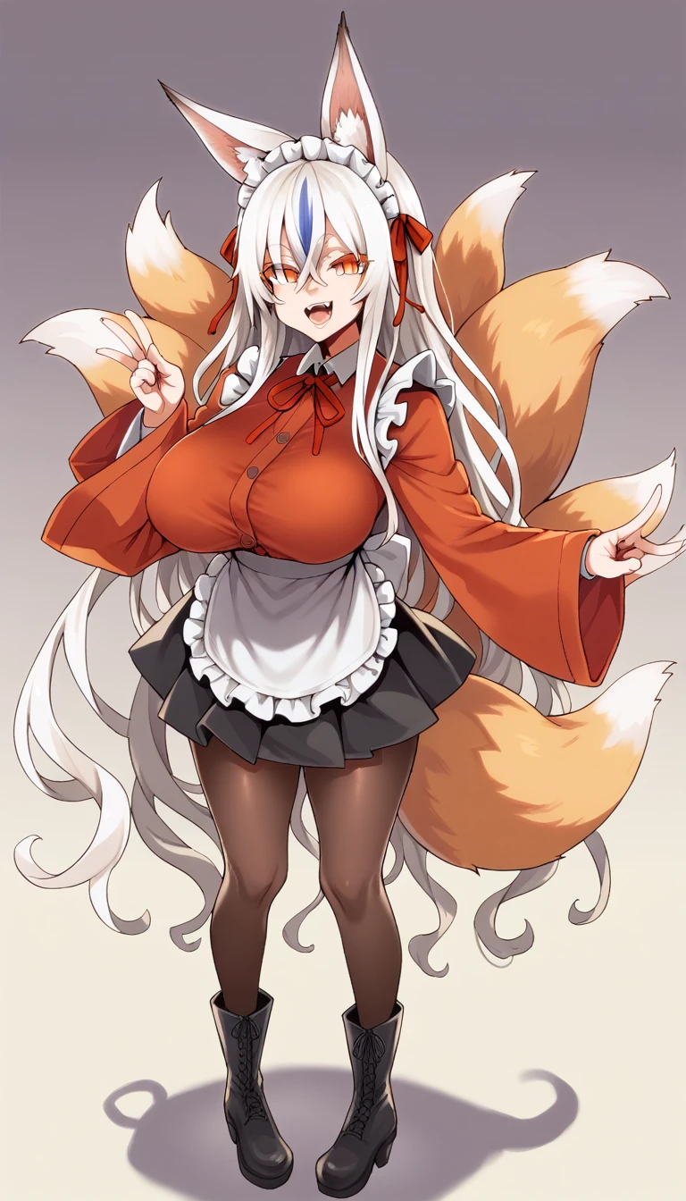 (score_9, score_8_up:1.1),score_7_up,zPDXL, 1girl, solo, tail, animal ears, long hair, maid dress, maid apron, pantyhose, fox tail, standing, fox ears, multiple tails, ribbon, (((white hair))), shirt, opened mouth, long sleeves, boots, full body, black footwear, fox shadow puppet, half closed eyes looking at viewer, animal ear fluff, white shirt, simple background, very long hair, brown pantyhose, smile, big breasts, hair between eyes, orange eyes, jacket, frills, yellow eyes, neck ribbon, red ribbon, shadow, multicolowhite hair, wing collar, hair ribbon, black pantyhose, slit pupils, double tooth, two-tone hair, ,detail1eye,