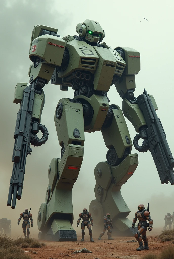 a realistic humanoid machine, with a large gun in each hand, surrounded by smaller humanoid machines,