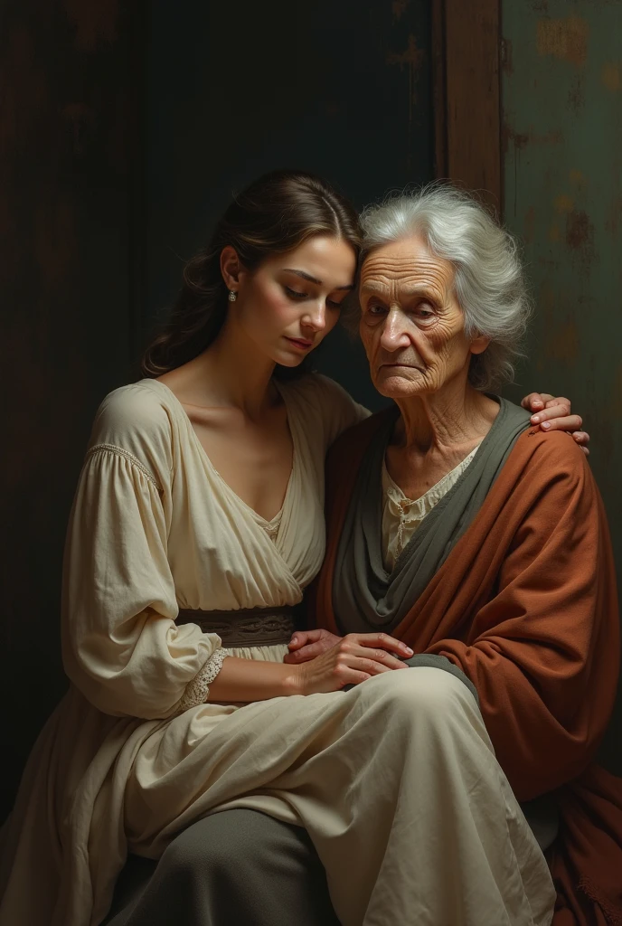 A young beautiful woman sits on the lap of an old woman