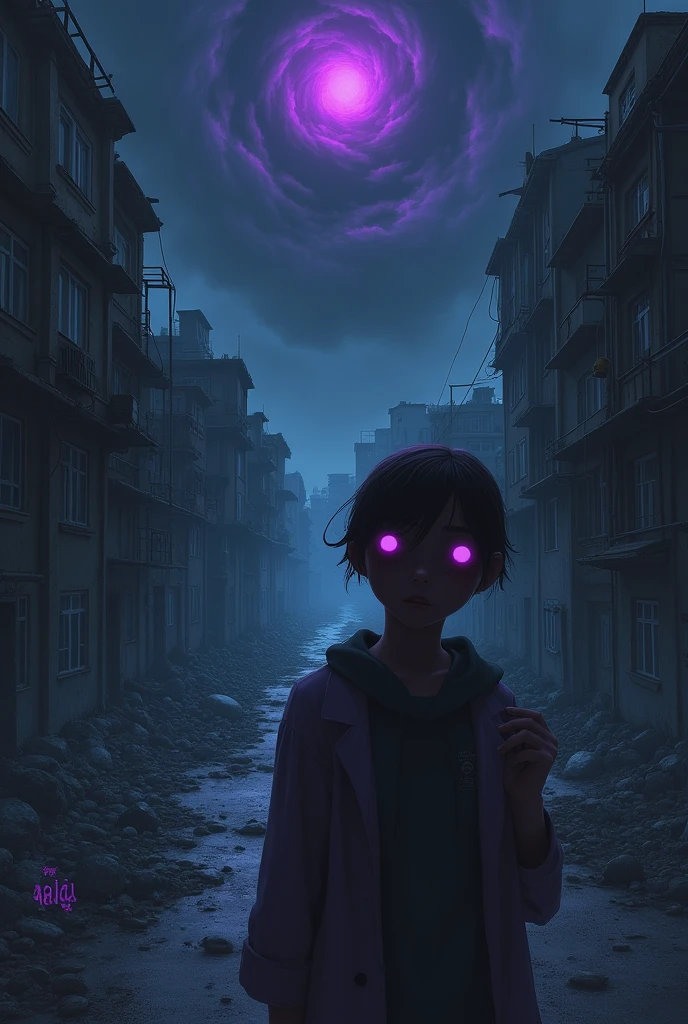 Design a book cover set in a post-apocalyptic world dominated by alien beings who resemble humans but have striking purple eyes. The aliens wear contact lenses to disguise themselves among the human population. The cover should depict a haunting urban landscape with crumbling buildings and a dark, ominous sky. In the foreground, show a close-up of a figure whose purple eyes are faintly visible beneath the lenses, hinting at their true identity. The atmosphere should be tense and mysterious, evoking the feeling of an ongoing, hidden threat.