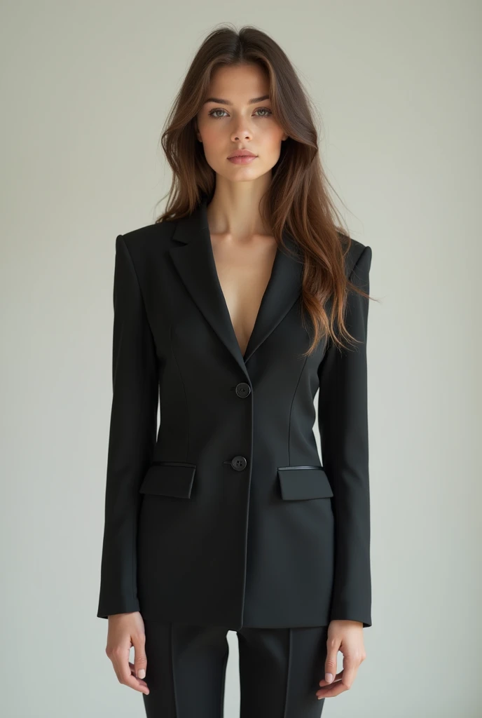 a simple girl in a tight-fitting suit