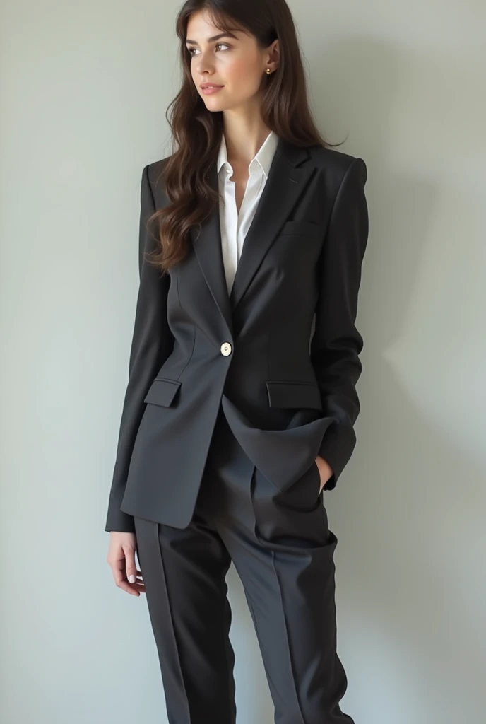 a simple girl in a tight-fitting suit
