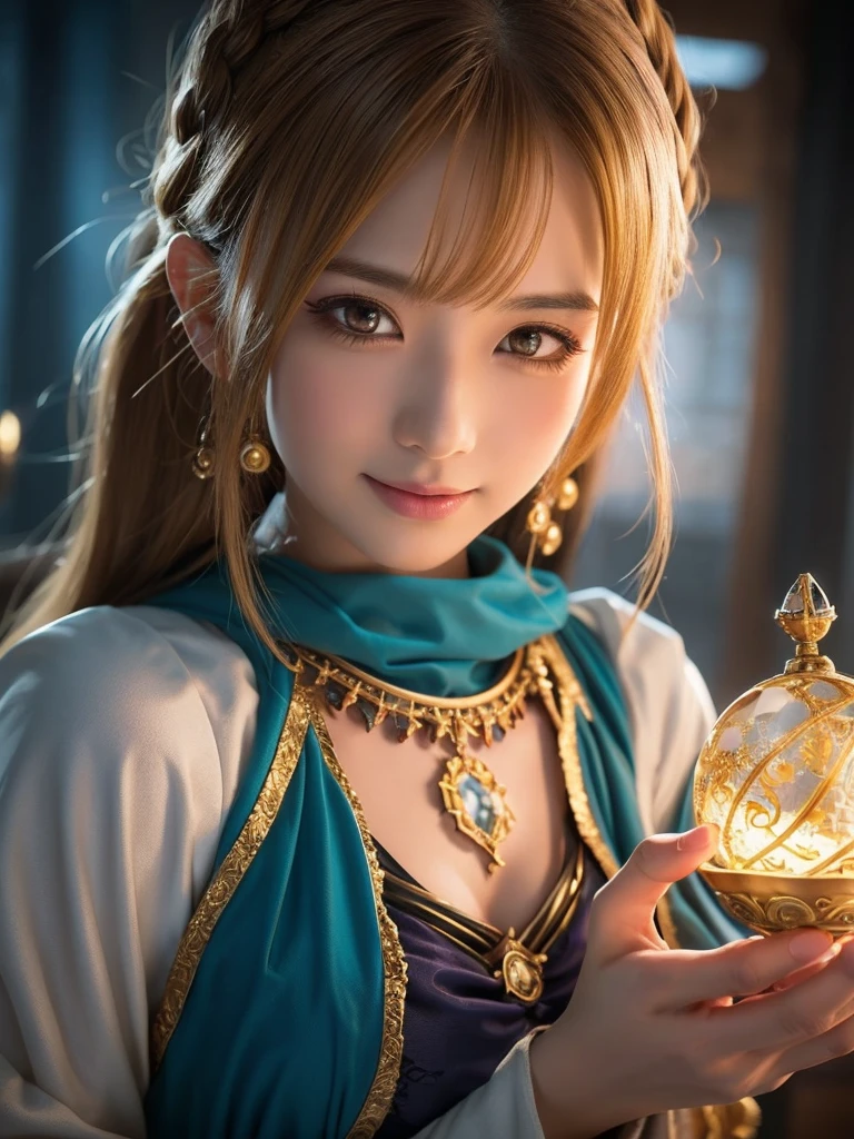 a detailed portrait of Minea the fortune teller from Dragon Quest IV, 1 japanese woman, beautiful detailed eyes, beautiful detailed lips, extremely detailed face and features, long eyelashes, smile,intricate cosplay, alchemist costume, holding a magical crystal ball,fantasy, JRPG, digital painting, cinematic lighting, dramatic pose, warm color palette, masterpiece, 8K, photorealistic, highly detailed, concept art style