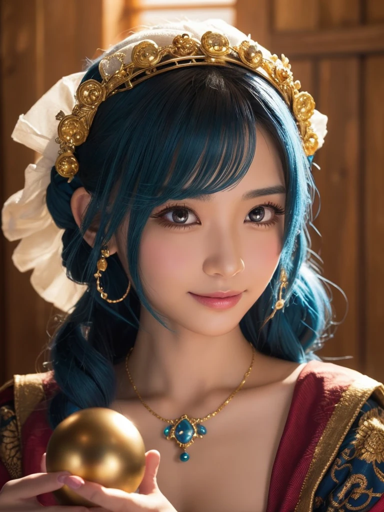 a detailed portrait of Minea the fortune teller from Dragon Quest IV, 1 japanese woman, beautiful detailed eyes, beautiful detailed lips, extremely detailed face and features, long eyelashes, smile,intricate cosplay, alchemist costume, holding a magical crystal ball,fantasy, JRPG, digital painting, cinematic lighting, dramatic pose, warm color palette, masterpiece, 8K, photorealistic, highly detailed, concept art style