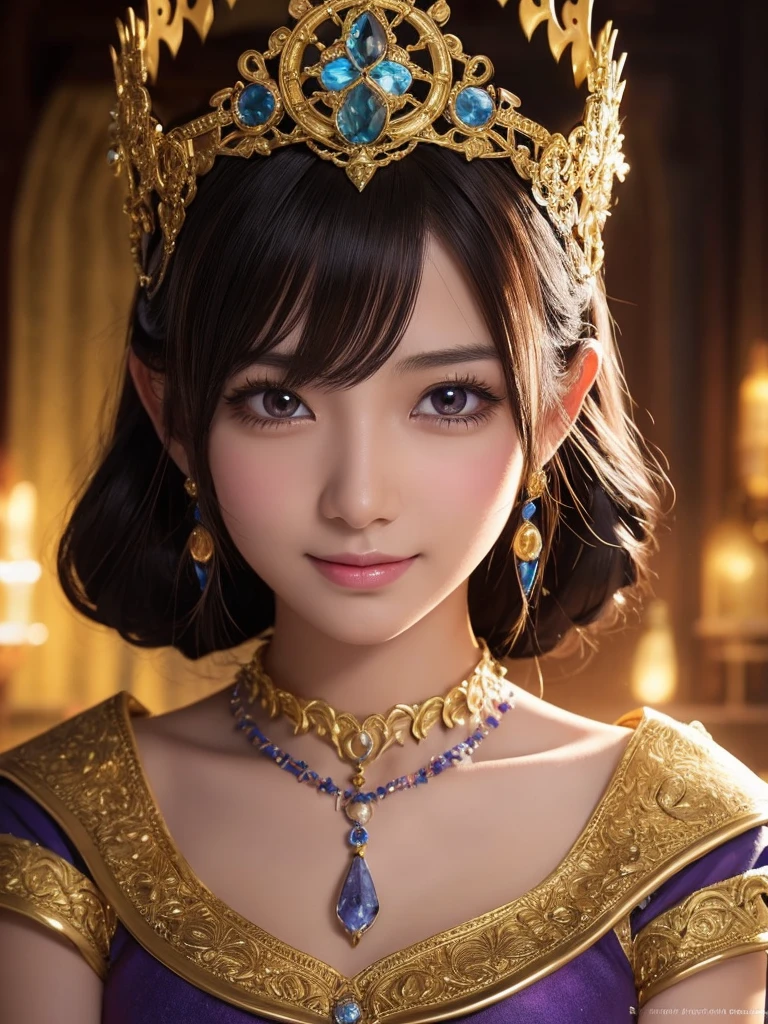 a detailed portrait of Minea the fortune teller from Dragon Quest IV, 1 japanese woman, beautiful detailed eyes, beautiful detailed lips, extremely detailed face and features, long eyelashes, smile,intricate cosplay, alchemist costume, holding a magical crystal ball,fantasy, JRPG, digital painting, cinematic lighting, dramatic pose, warm color palette, masterpiece, 8K, photorealistic, highly detailed, concept art style