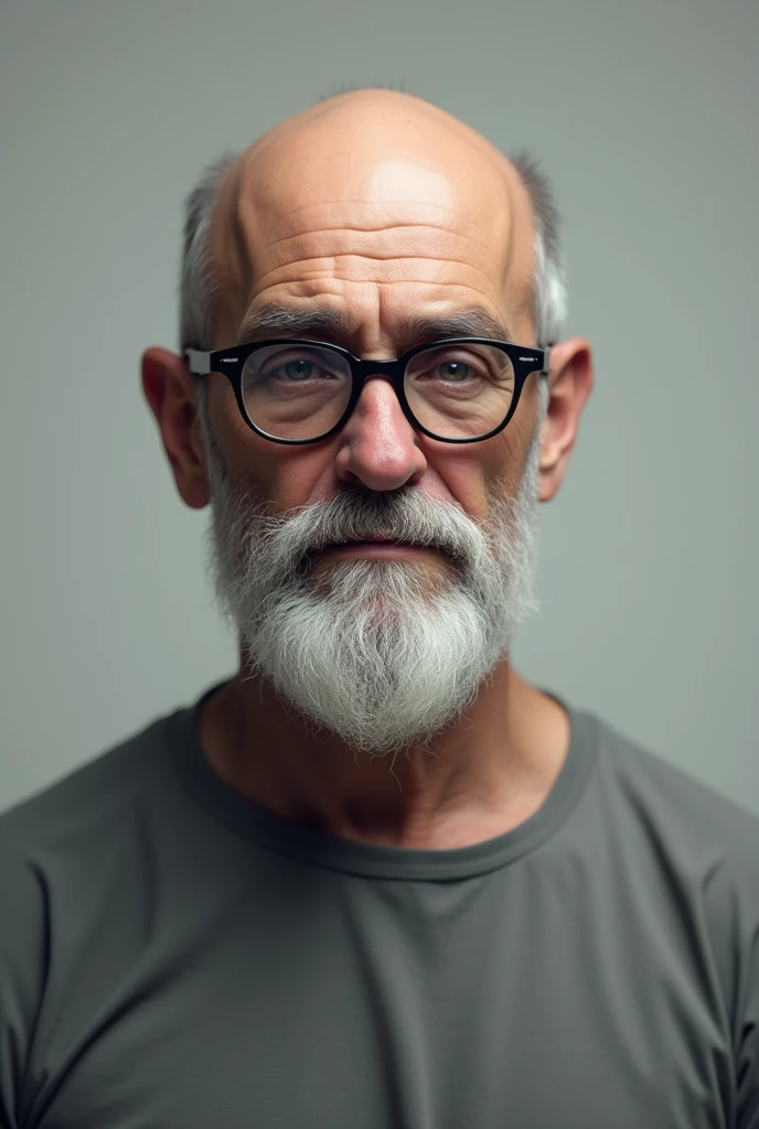 Caucasian man with white beard , Aquiline nose completely bald at 40 years old sad look ,glasses gray lenses round black t-shirt    