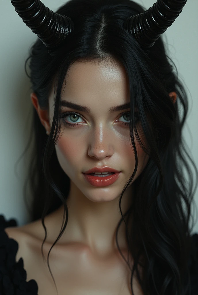 Demon woman with beautiful face, American features looking straight into the camera and has horns on her head