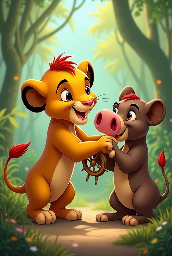 Simba playing with rudder and Pumbaa