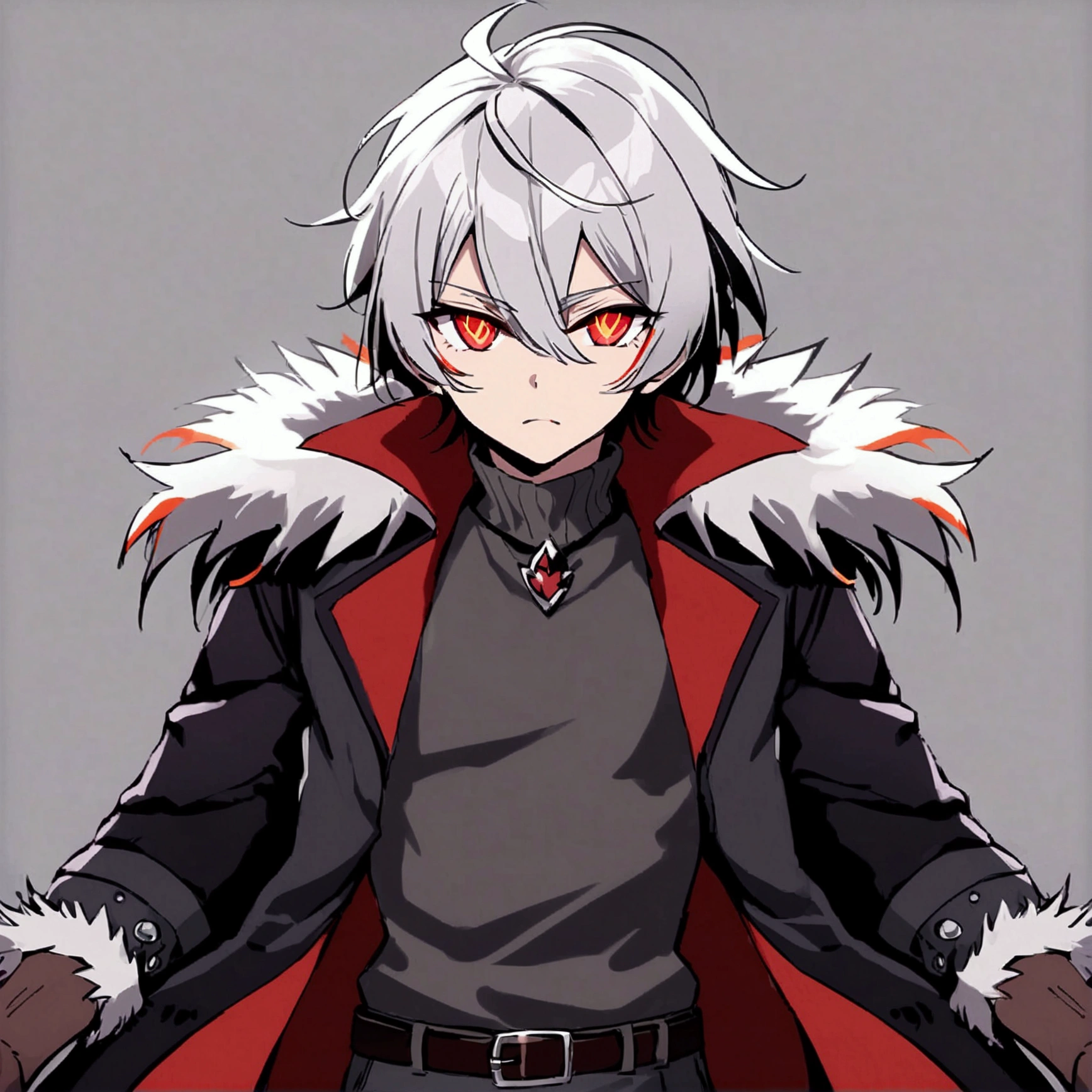 A masculine young man with light-toned skin and dark-red eyes having white cross-shaped pupils, short-to-medium-length silver hair with small flaming winged-shaped ornaments on each upper ends of the fringes with large red streaks on the lower ends running across the upper ends, his hands leading up to his forearms below his elbows are orange red with purple cracks running across them. Wears a gray turtleneck shirt with burned ends of the sleeves below his elbows, black pants, brown leather shoes, and fur overcoat with black exterior and is red underneath, standing in a fighting pose