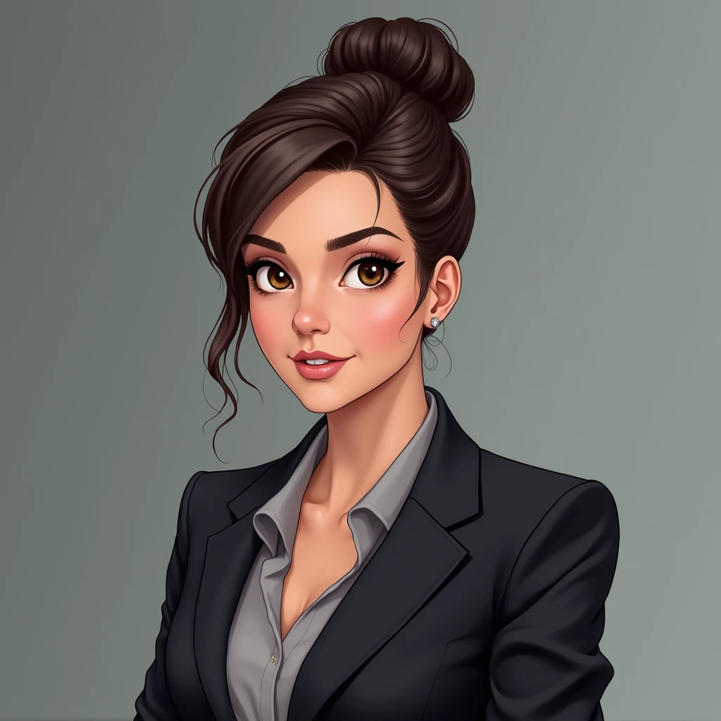 Create an image of Laura, a 35-year-old financial manager. She has dark brown hair tied into a sleek bun, light brown eyes full of determination, and is wearing a tailored suit.