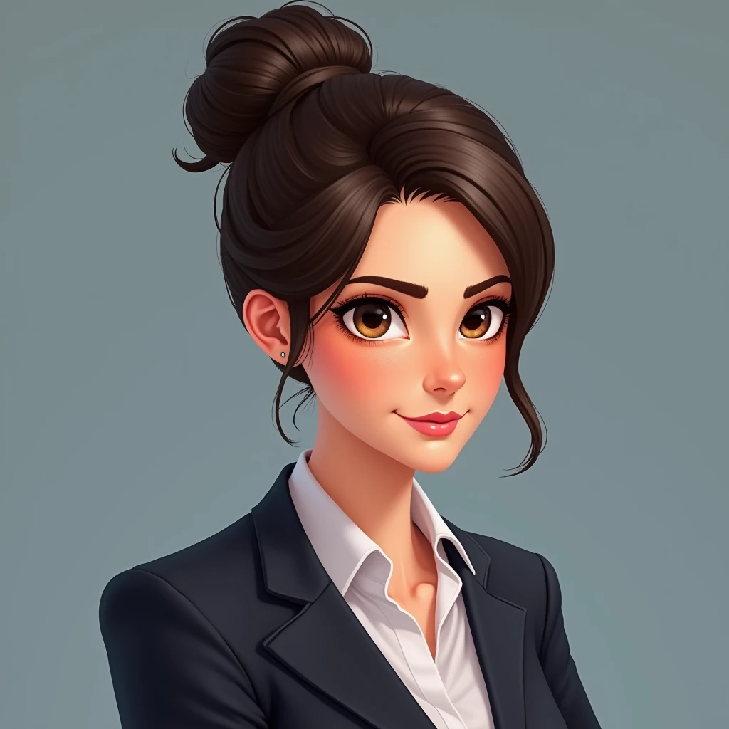Create an image of Laura, a 35-year-old financial manager. She has dark brown hair tied into a sleek bun, light brown eyes full of determination, and is wearing a tailored suit.