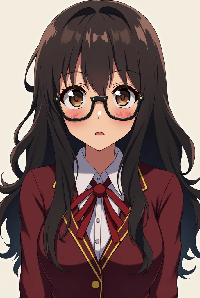 Dark brown haired girl,brown skin,glasses,Dark brown eyes and long wavy straight hair with the Boku no Hero Academia uniform