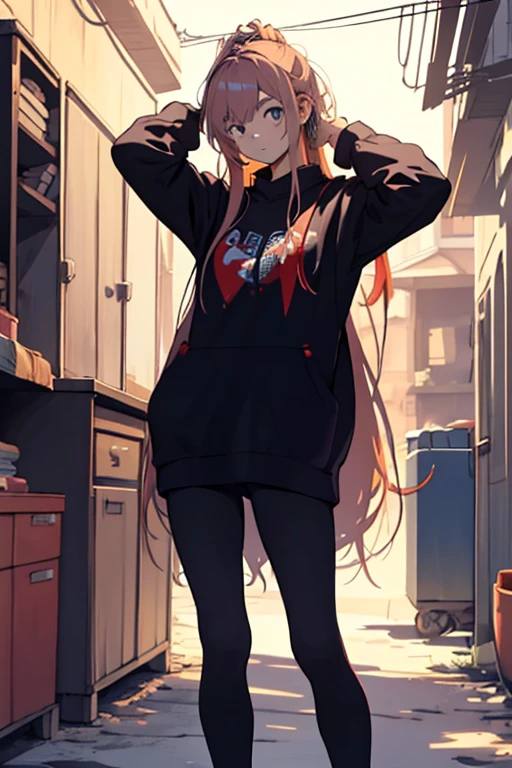 Draw a young girl with long hair, standing with his left hand touching his hair. she is looking forward, In the background there is a gamer's room where the color pink predominates, projecting deep shadows on his clothes.. The young girl is happy and smiling, long hair with pink bangs, wearing casual clothing with a short skirt,wears converse style shoes