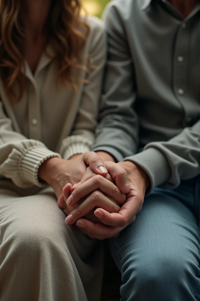 A woman and a man holding hands while sitting, their faces hidden from view