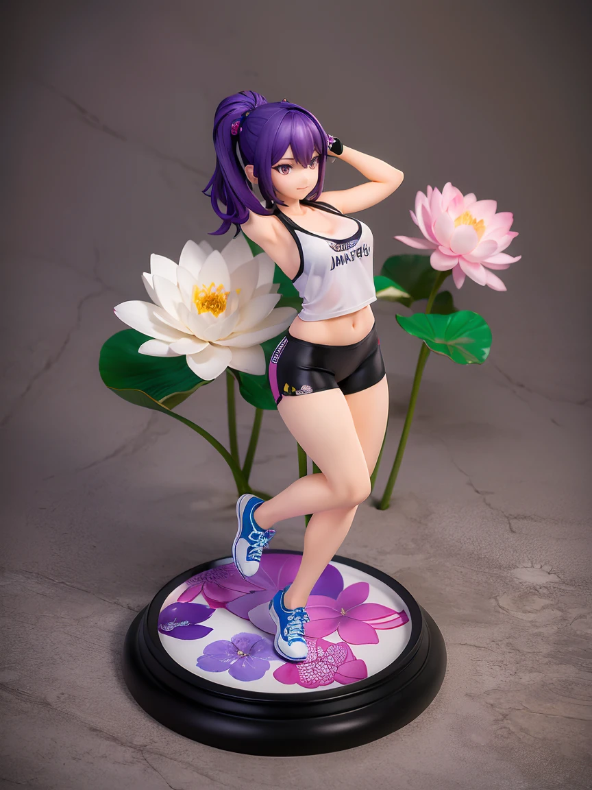 A woman wearing a black tank top, lotus flower print on the tank top, flower with white and purple petals. woman smiling. Hair in the wind; posing for a photo, black leggings, sneakers. Bare shoulders. simple background