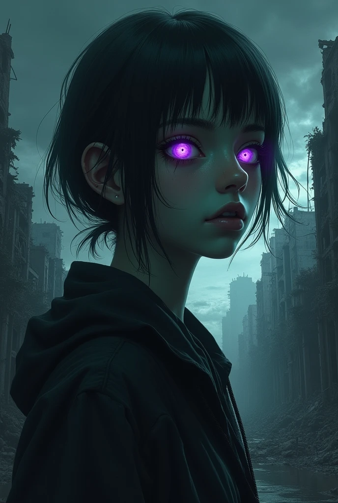 Design a book cover set in a post-apocalyptic world dominated by alien beings who resemble humans but have striking purple eyes. The aliens wear contact lenses to disguise themselves among the human population. The cover should depict a haunting urban landscape with crumbling buildings and a dark, ominous sky. In the foreground, show a close-up of a figure whose purple eyes are faintly visible beneath the lenses, hinting at their true identity. The atmosphere should be tense and mysterious, evoking the feeling of an ongoing, hidden threat.