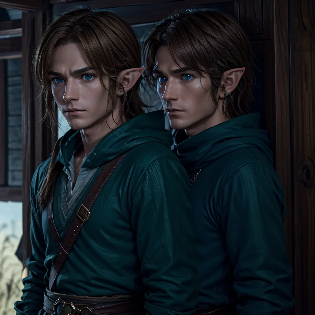 Very detailed, Ultra-realistic live-action version of Link from The Legend of Zelda,、Very detailed顔の特徴, Piercing blue eyes, Sharp jawline, disheveled brown hair, Sad look, Green-themed elf clothing