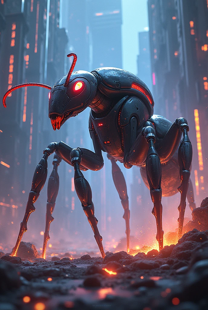 Futuristic ant image with special effects animation for a game cover with the text TheRock embedded