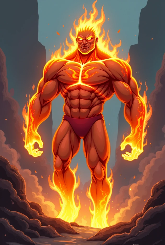 3D illustration of a Man in golden flame underwear, anime style