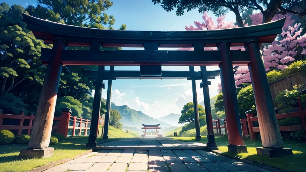 "A serene Japanese scenery at dusk, featuring a rustic torii gate in aged wood, located in the middle of nature. The sky above is filled with bright stars, gently illuminating the environment. The colors are soft and delicate, like in a watercolor painting, with shades of blue, lilac, AND verde, creating a calm and mystical atmosphere. The torii gate, with time-worn details, contrasts with the celestial background, enquanto a vegetação ao redor é representada em tons suaves dAND verde e cinza."