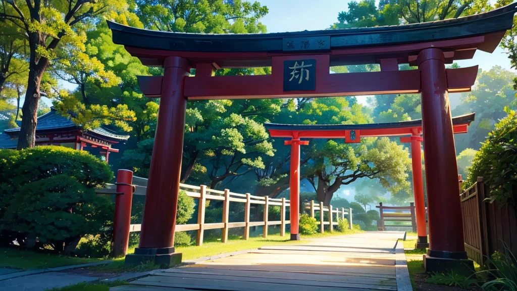 "A serene Japanese scenery at dusk, featuring a rustic torii gate in aged wood, located in the middle of nature. The sky above is filled with bright stars, gently illuminating the environment. The colors are soft and delicate, like in a watercolor painting, with shades of blue, lilac, AND verde, creating a calm and mystical atmosphere. The torii gate, with time-worn details, contrasts with the celestial background, enquanto a vegetação ao redor é representada em tons suaves dAND verde e cinza."