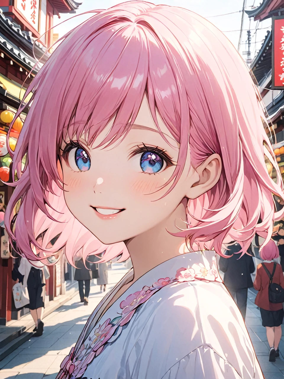 Highest quality, Highest quality, 16K, Unbelievably absurd, Very detailed, 2.5D, lighting forward,delicate and dynamic,A Kind World,One Girl,18-year-old, Pink Hair,Two Side Up, blouse,smile,Cute,Upper Body,Daytime,In Tokyo,In Asakusa