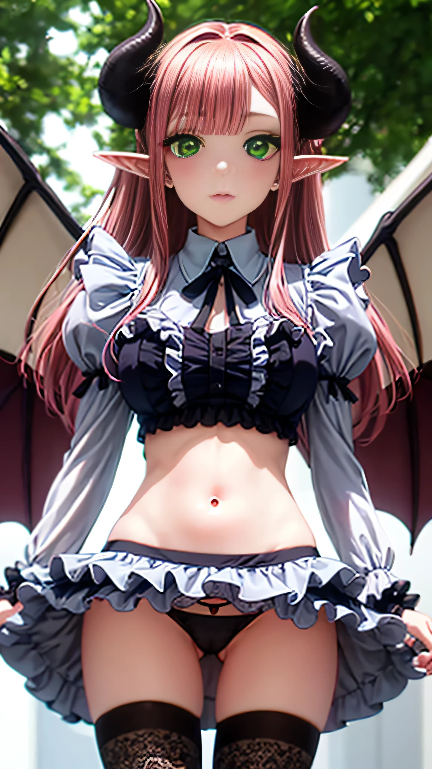 Kitagawa Marin, liz kyun, long hair, bangs, shirt, long sleeves, navel, underwear, (green eyes:1.5), panties, red hair, frills, wings, horns, pointy ears, midriff, puffy sleeves, blunt bangs, stomach, two side up, cosplay, demon girl, demon horns, white ribbon, black wings, demon wings, frilled shirt, frilled panties, large breasts, garden, sunny, standing, 見つめるeye, beautiful skin, shiny skin, perfect fingers, five fingers, anatomically correct, background bokeh, high quality, surreal, bright colors, ((very detailed, photo shoot)), perfect lighting,HDR, ultra resolution , very detailed, masterpiece, ultra quality, 4K HD